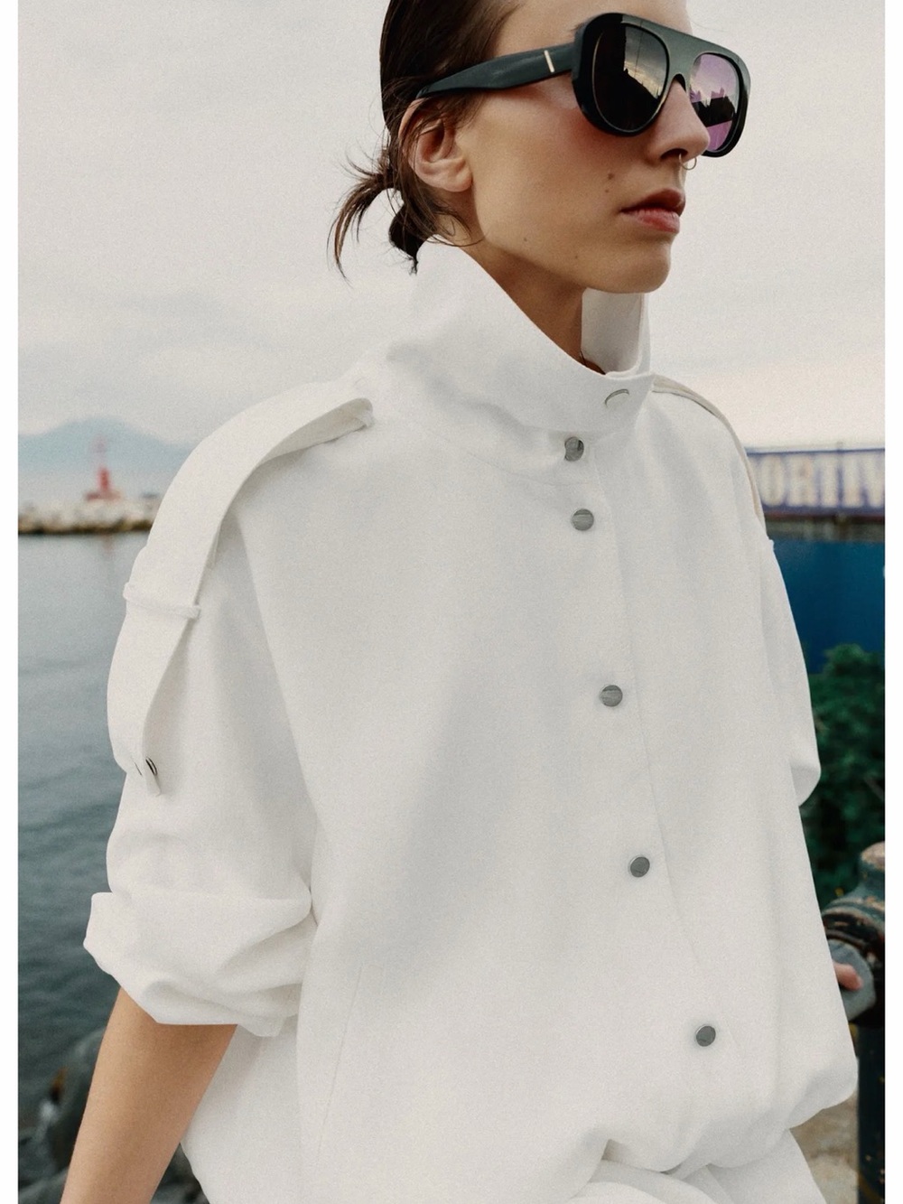 Zara White High-Collar Bomber Jacket. Oversized
